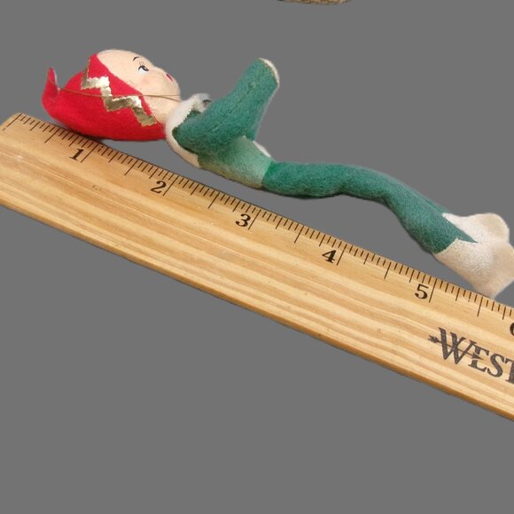 Green Poseable Pixie Elf Ornament, Paper Mache or Composite Face, Vtg Christmas - Picture 6 of 6